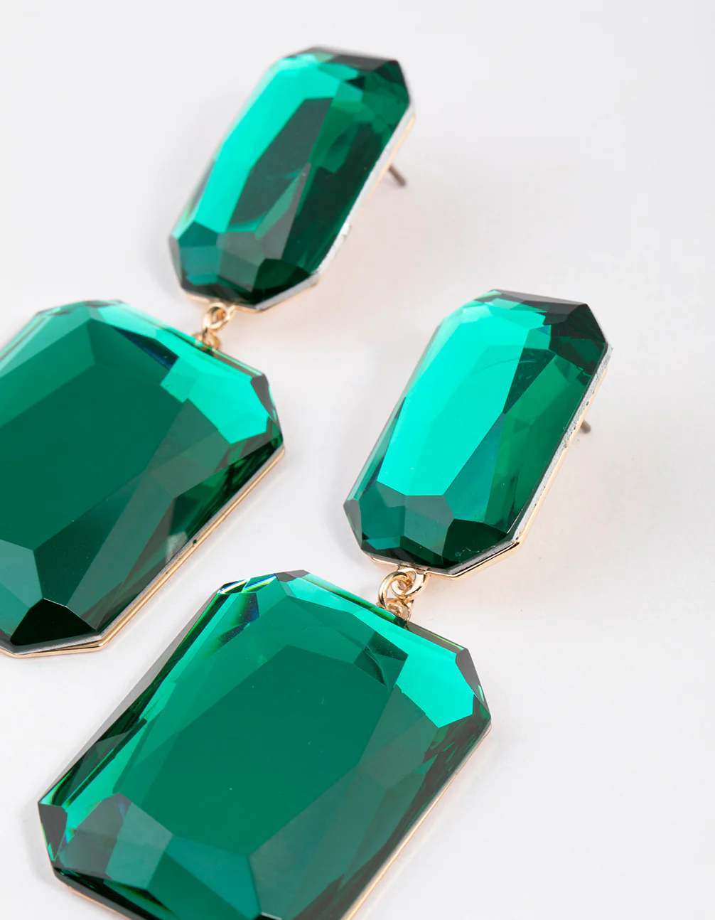 Gold Statement Square Double Stone Drop Earrings - Image 2
