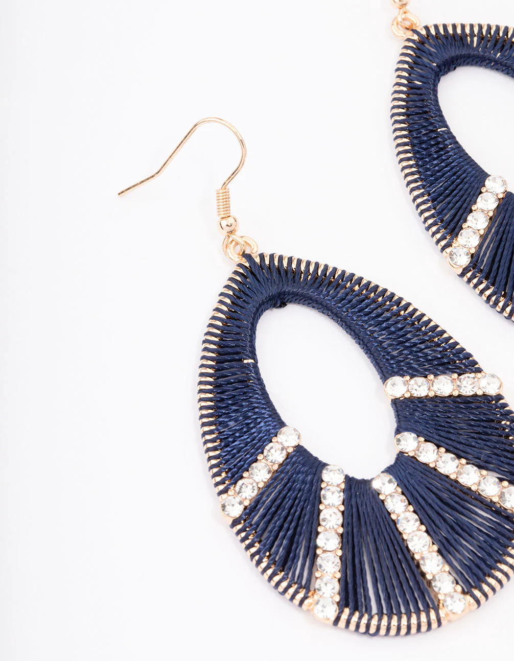 Gold Woven Diamante Navy Drop Earrings - Image 2