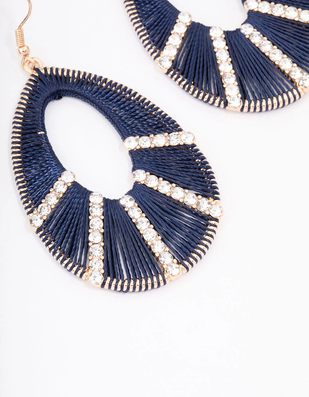 Gold Woven Diamante Navy Drop Earrings - Image 3