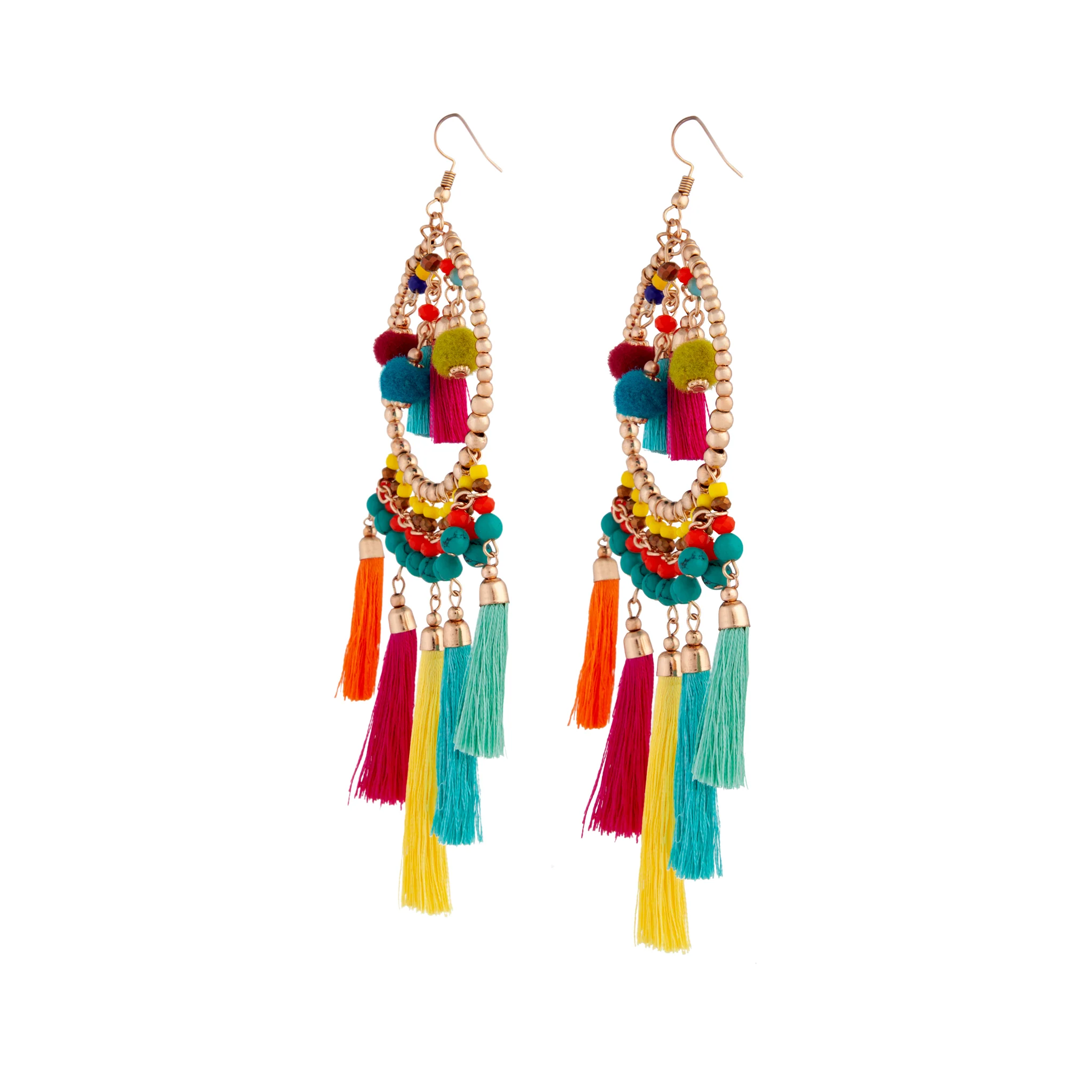 Mixed Brights Beaded Hoop With Pom Pom & Tassel Accents - Image 2