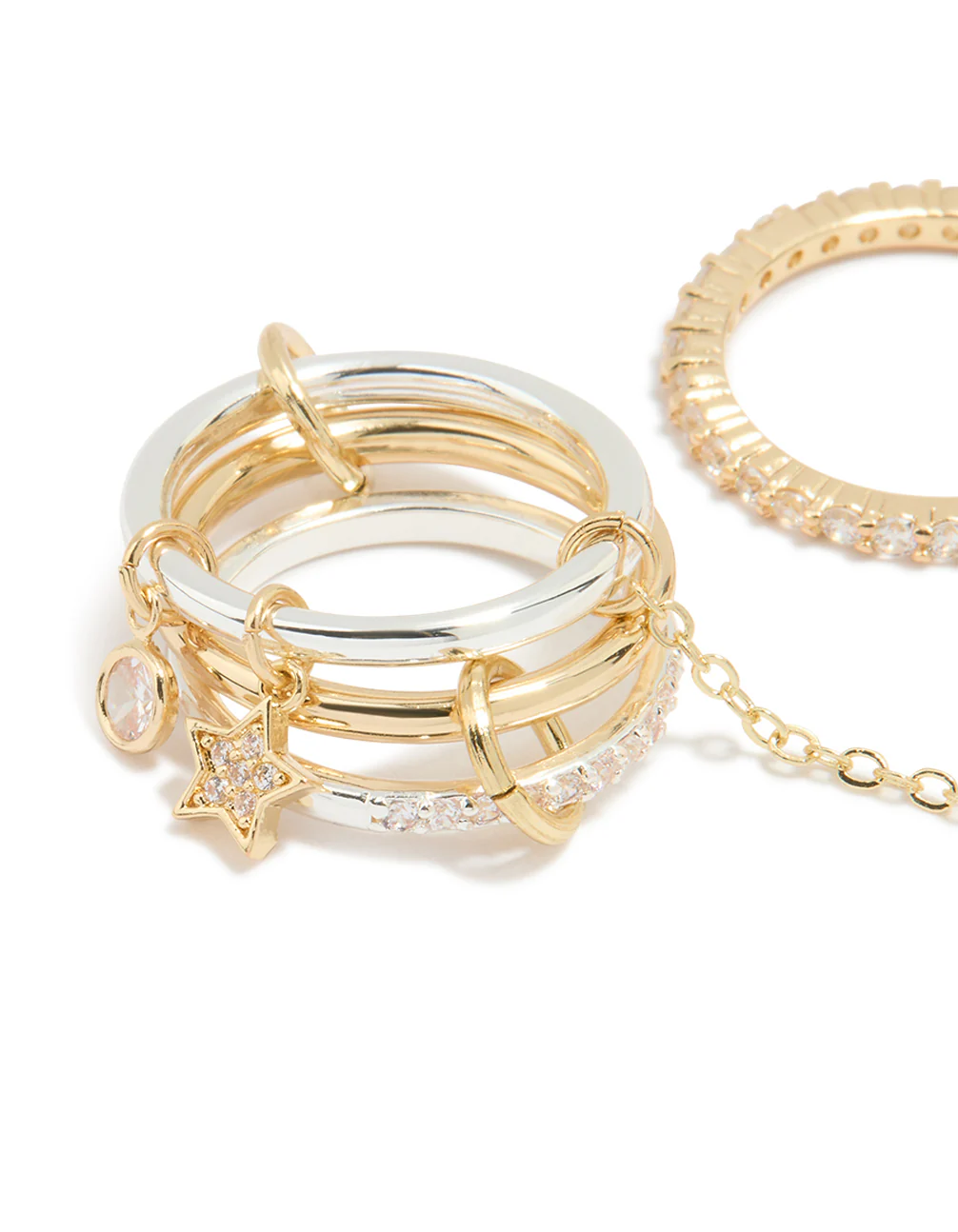 Mixed Metal Cubic Zirconia Star Charm Chain Interconnected Ring - Image 2
