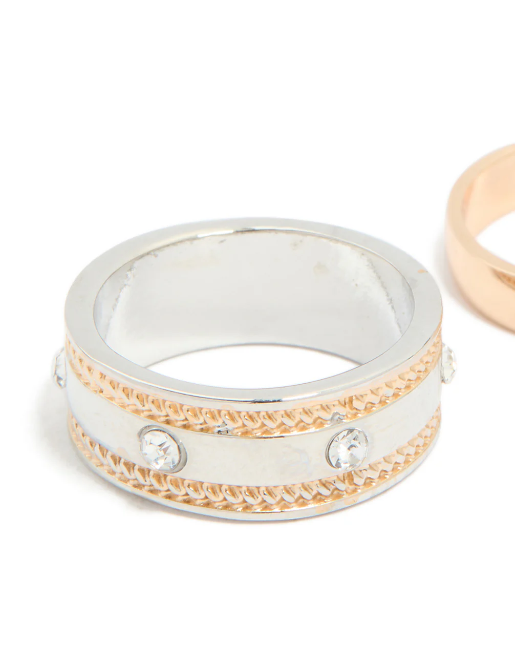 Mixed Metal Diamante Textured & Smooth Rings 2-Pack - Image 2