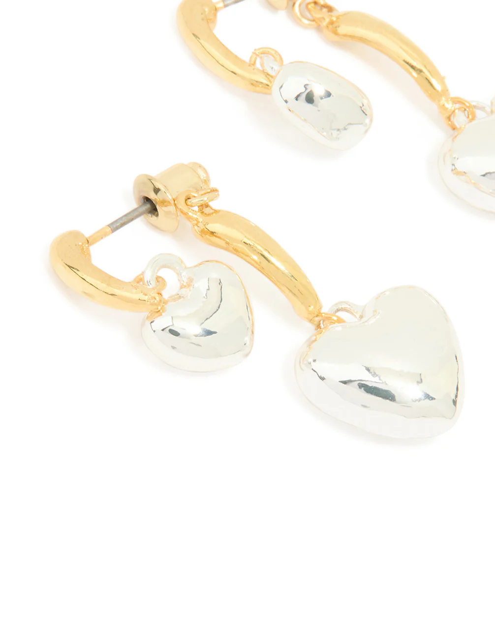 Mixed Metal Double Puffy Heart Stud Earrings - Image 2