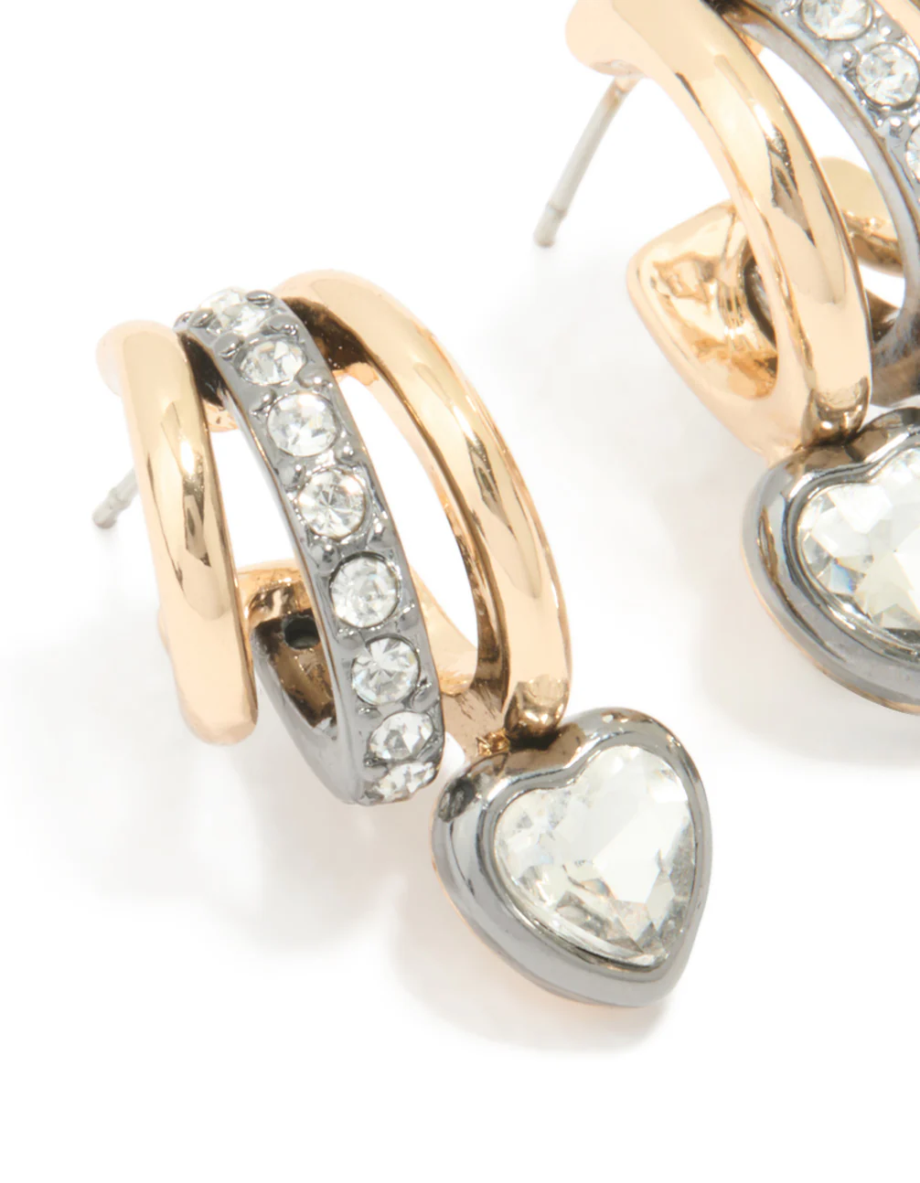 Mixed Metal Heart Diamante Triple Hoop Earrings - Image 4