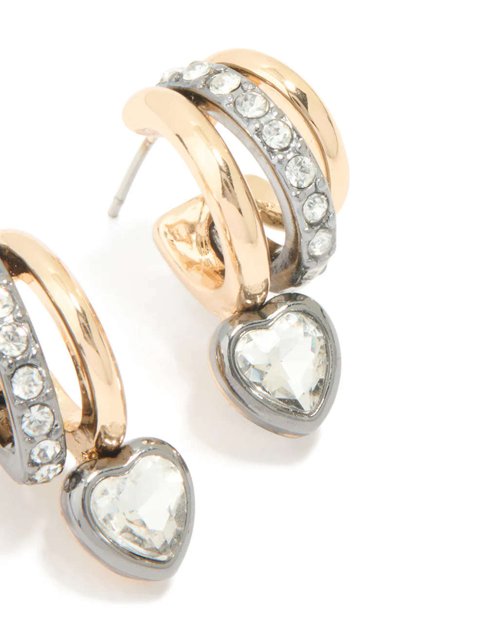 Mixed Metal Heart Diamante Triple Hoop Earrings - Image 5