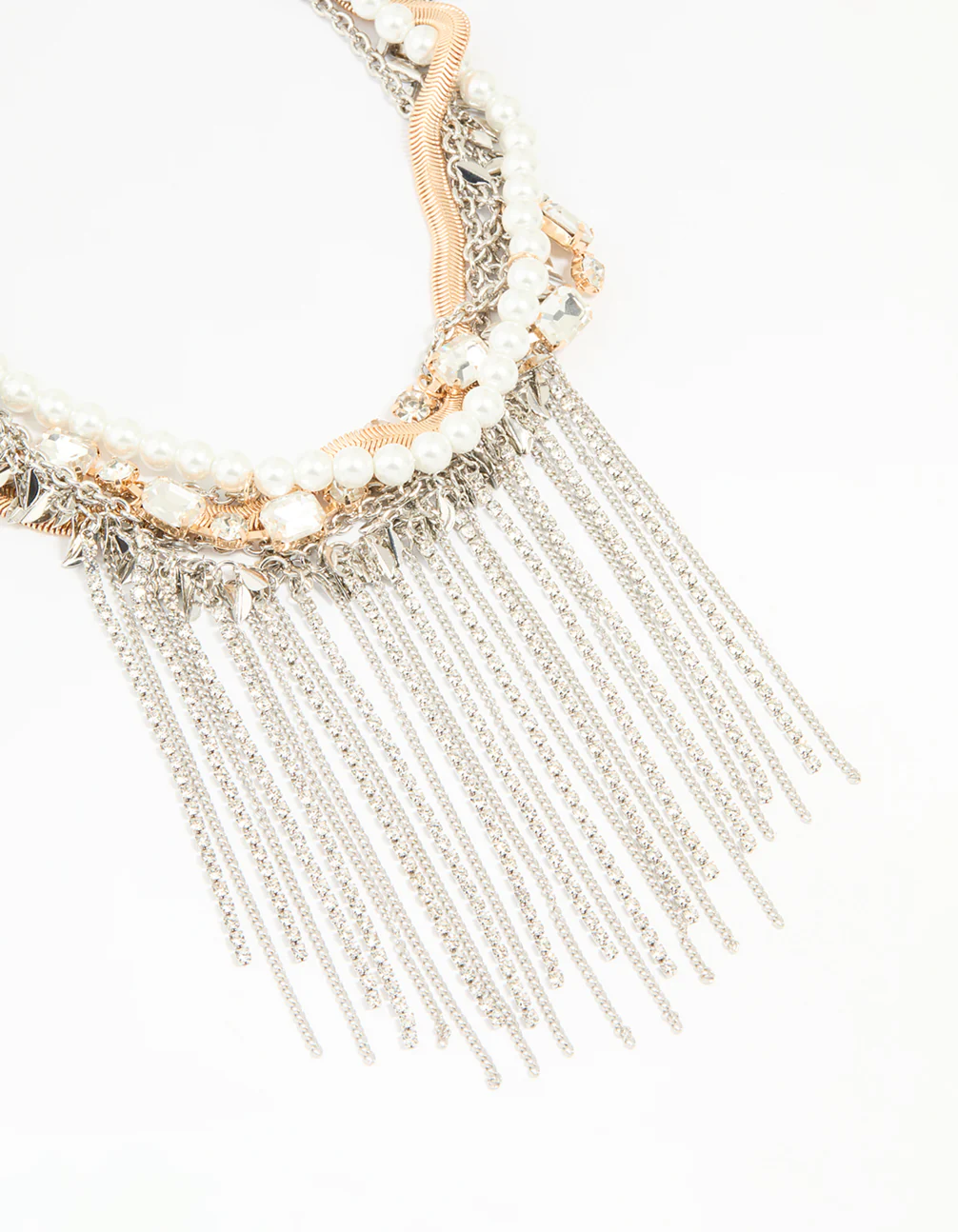 Mixed Metal Pearl Chain Fringe Necklace - Image 2