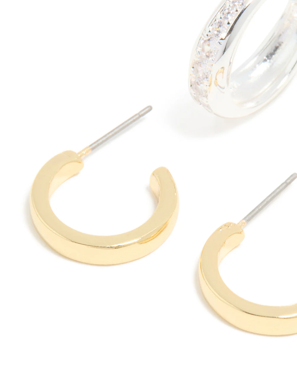 Mixed Metal Plated & Cubic Zirconia Line Open Hoop Earrings 2-Pack - Image 4