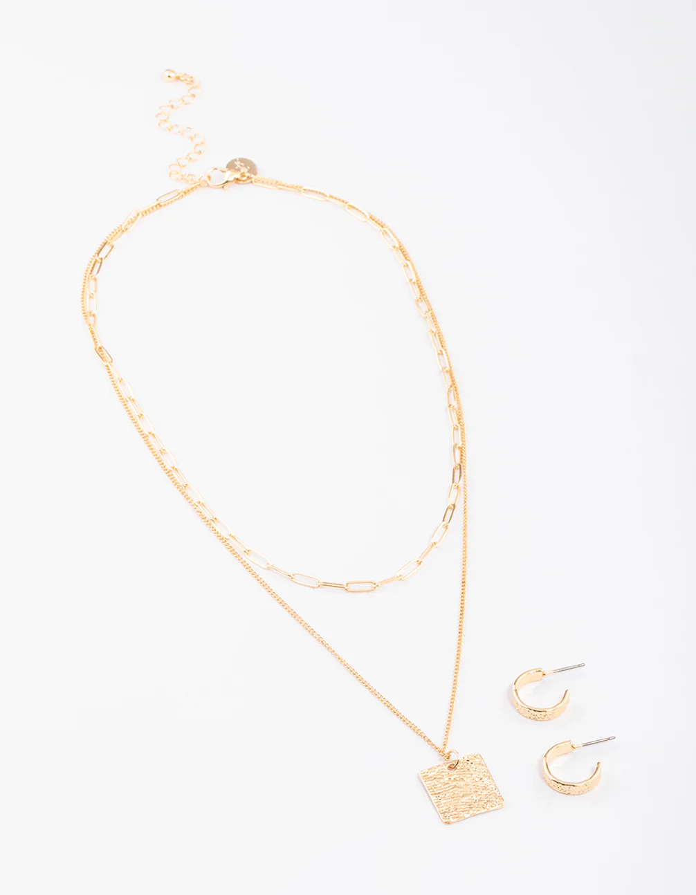 Gold Layered Textured Square Necklace & Earrings Set - Image 2