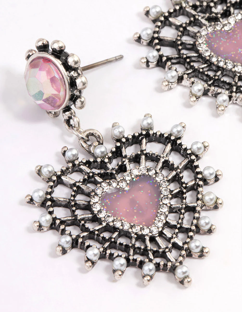 Antique Silver Pink Sparkle Heart Earrings - Image 2