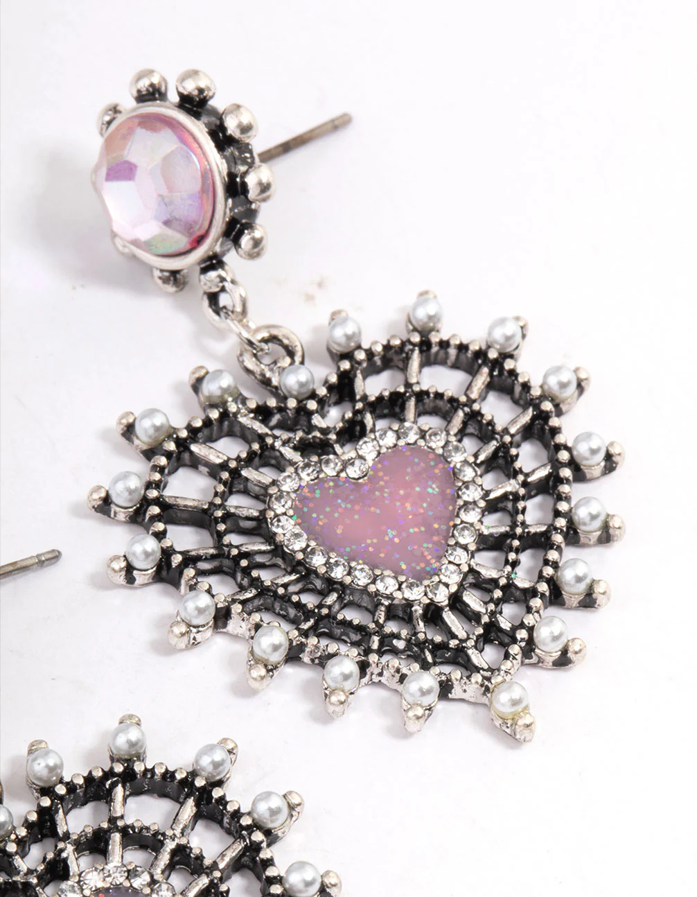 Antique Silver Pink Sparkle Heart Earrings - Image 3