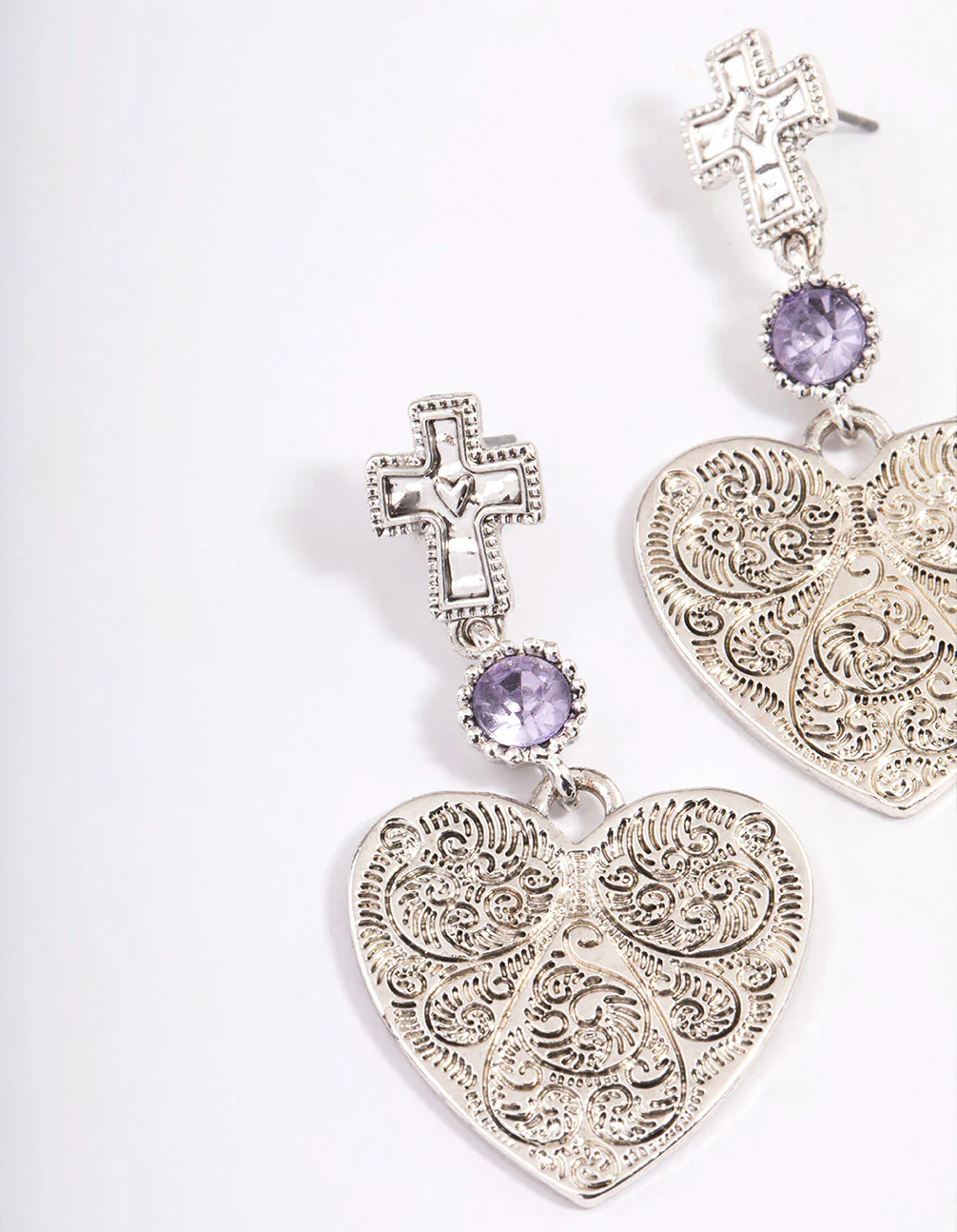 Antique Silver Textured Heart Cross Earrings - Image 2
