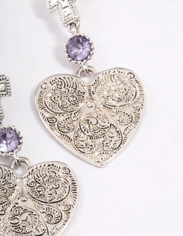 Antique Silver Textured Heart Cross Earrings - Image 3