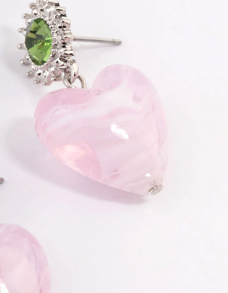Rhodium Acrylic Heart Drop Earrings - Image 3