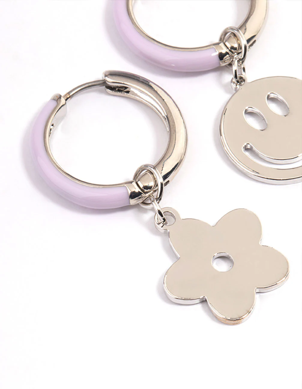 Rhodium Purple Flower Small Hoop Earrings - Image 2