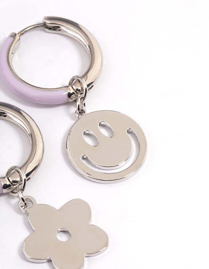 Rhodium Purple Flower Small Hoop Earrings - Image 3