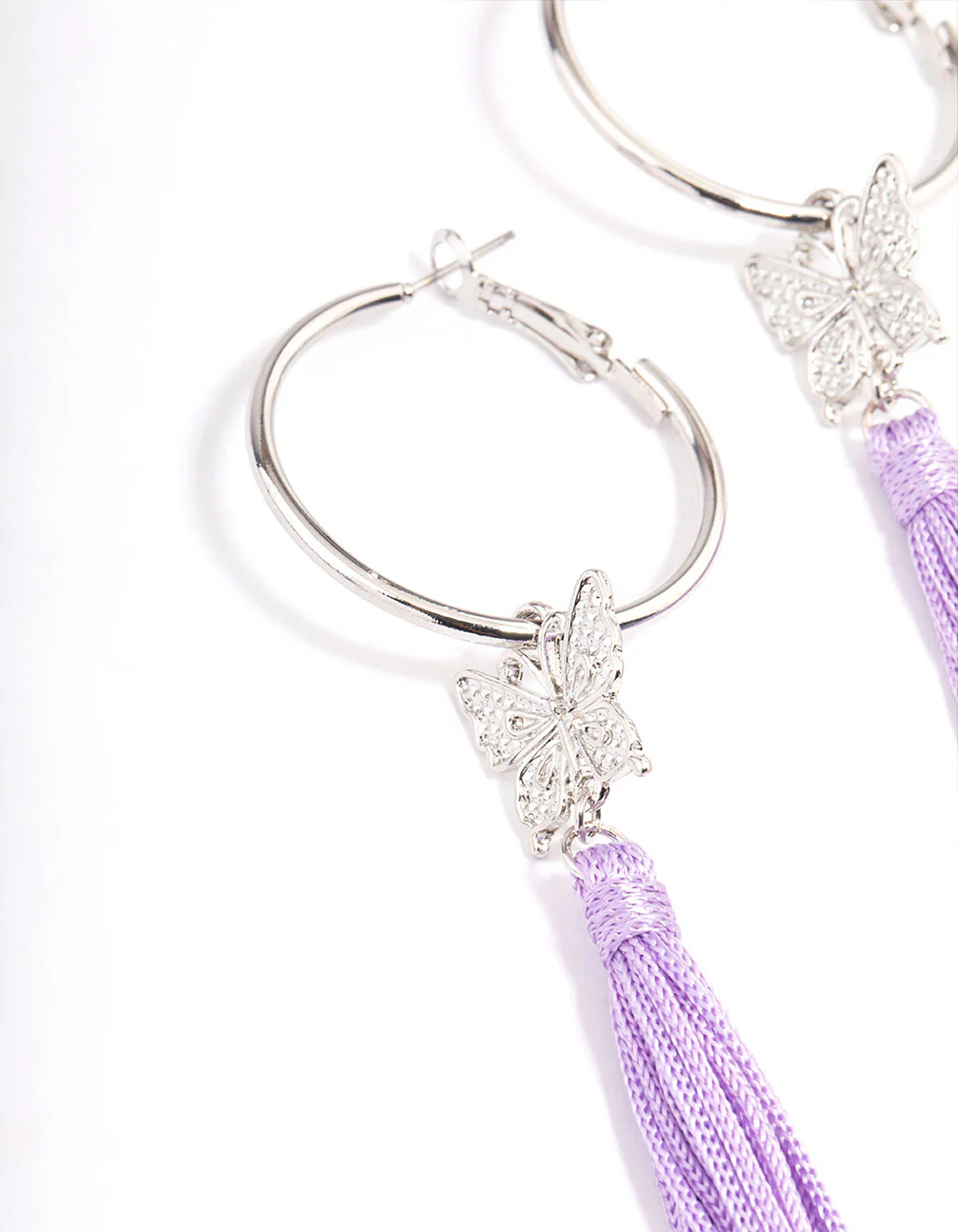 Silver Purple Flower Tassel Hoop Earrings - Image 2