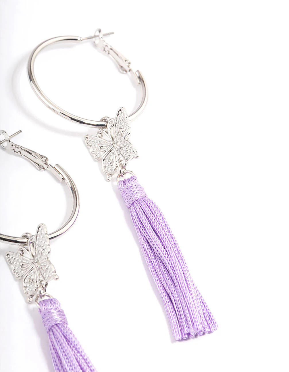 Silver Purple Flower Tassel Hoop Earrings - Image 3
