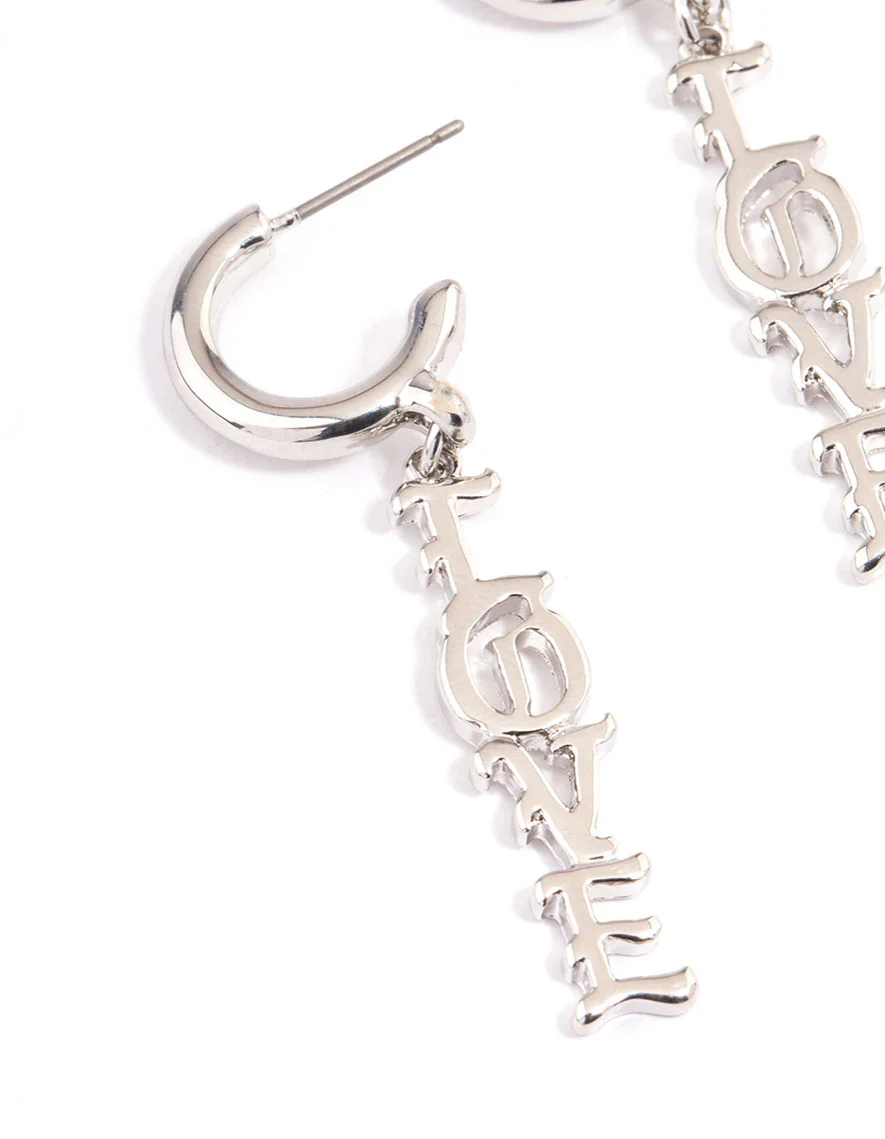 Rhodium Love Text Earrings - Image 2