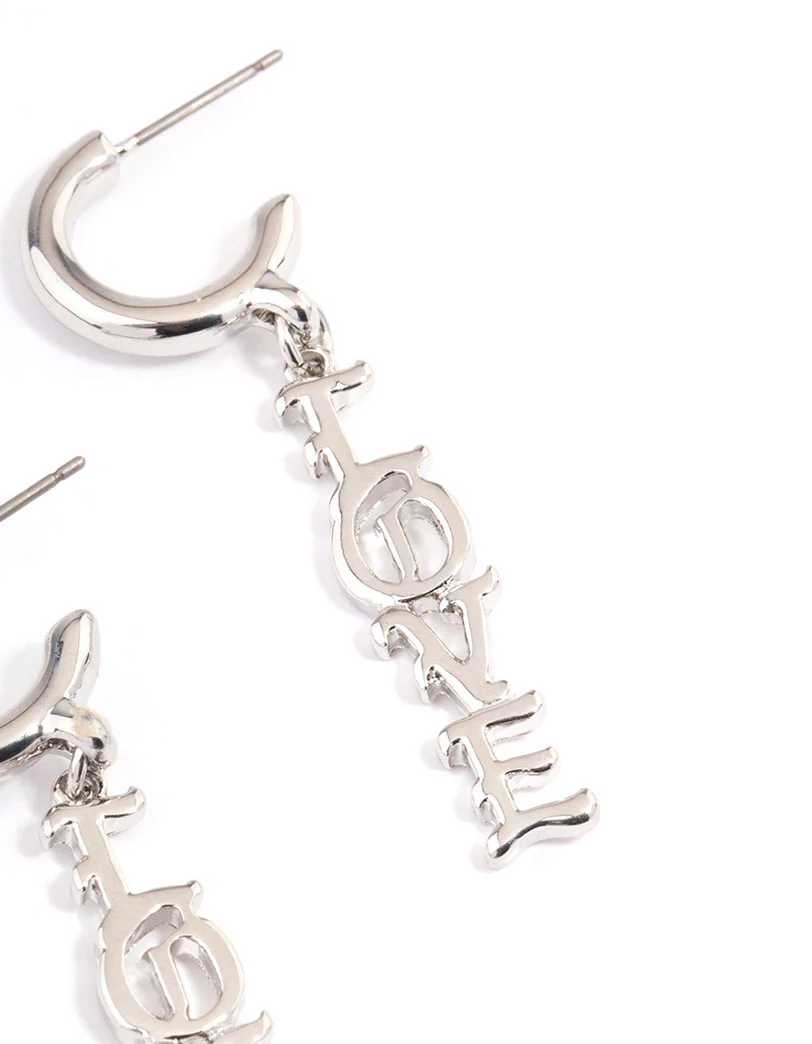Rhodium Love Text Earrings - Image 3