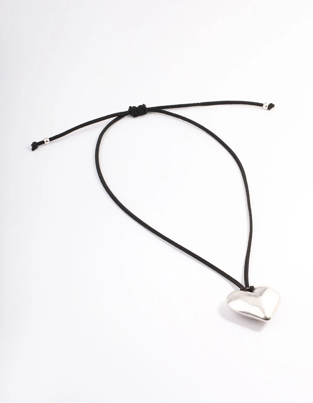 Silver Puffy Heart Black Suede Adjustable Cord Necklace - Image 2