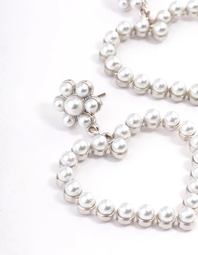 Silver Pearl Heart Statement Earrings - Image 2