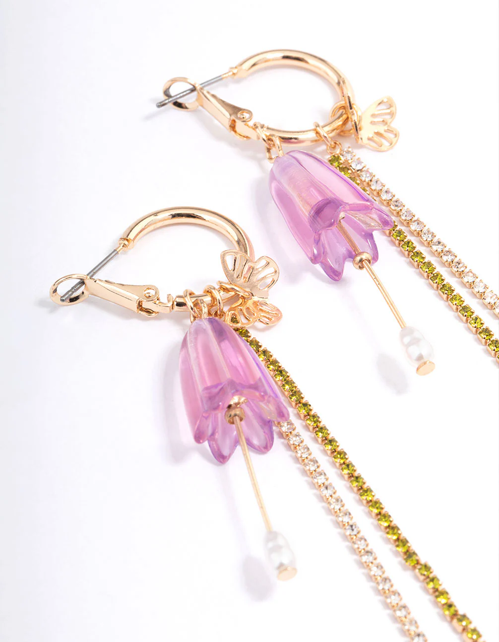 Gold Purple Fower Chain Drop Earrings - Image 2