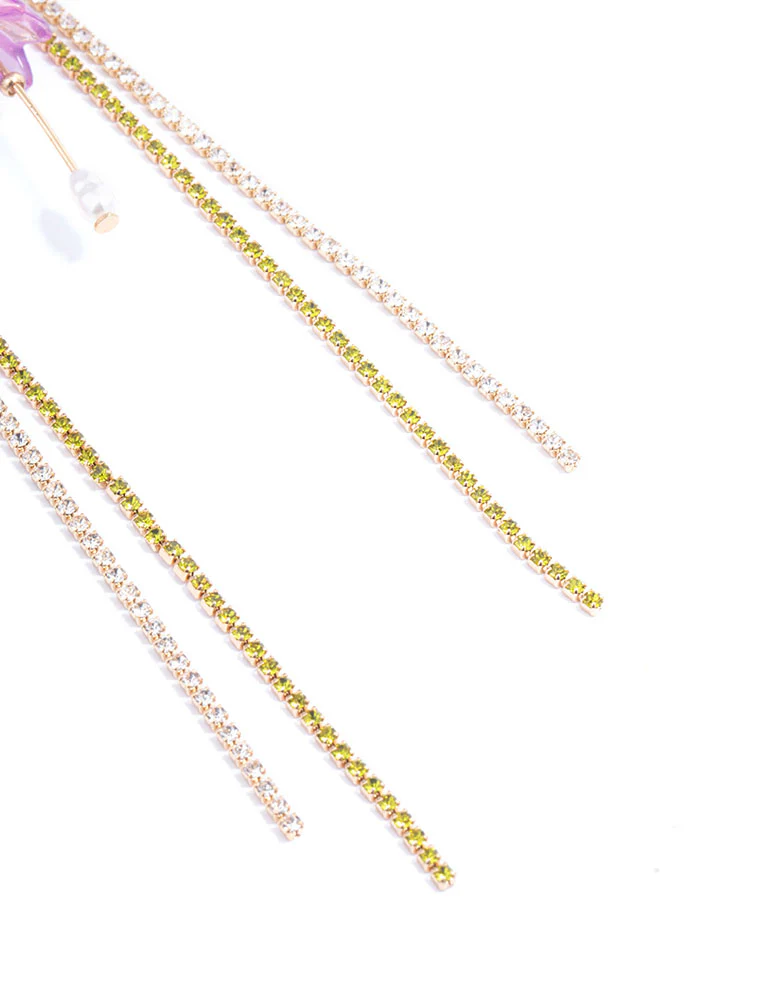 Gold Purple Fower Chain Drop Earrings - Image 3
