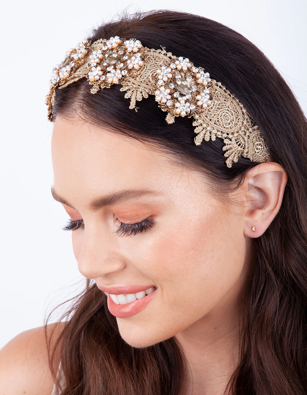 Gold Floral Fabric Pearl Headband - Image 2