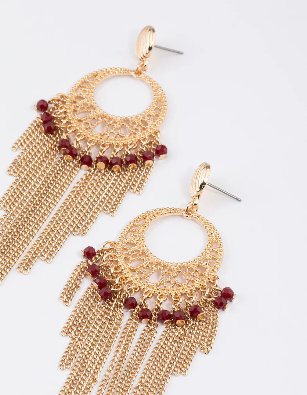 Gold Red Beaded Tassel Drop Chandbali Earrings - Image 2