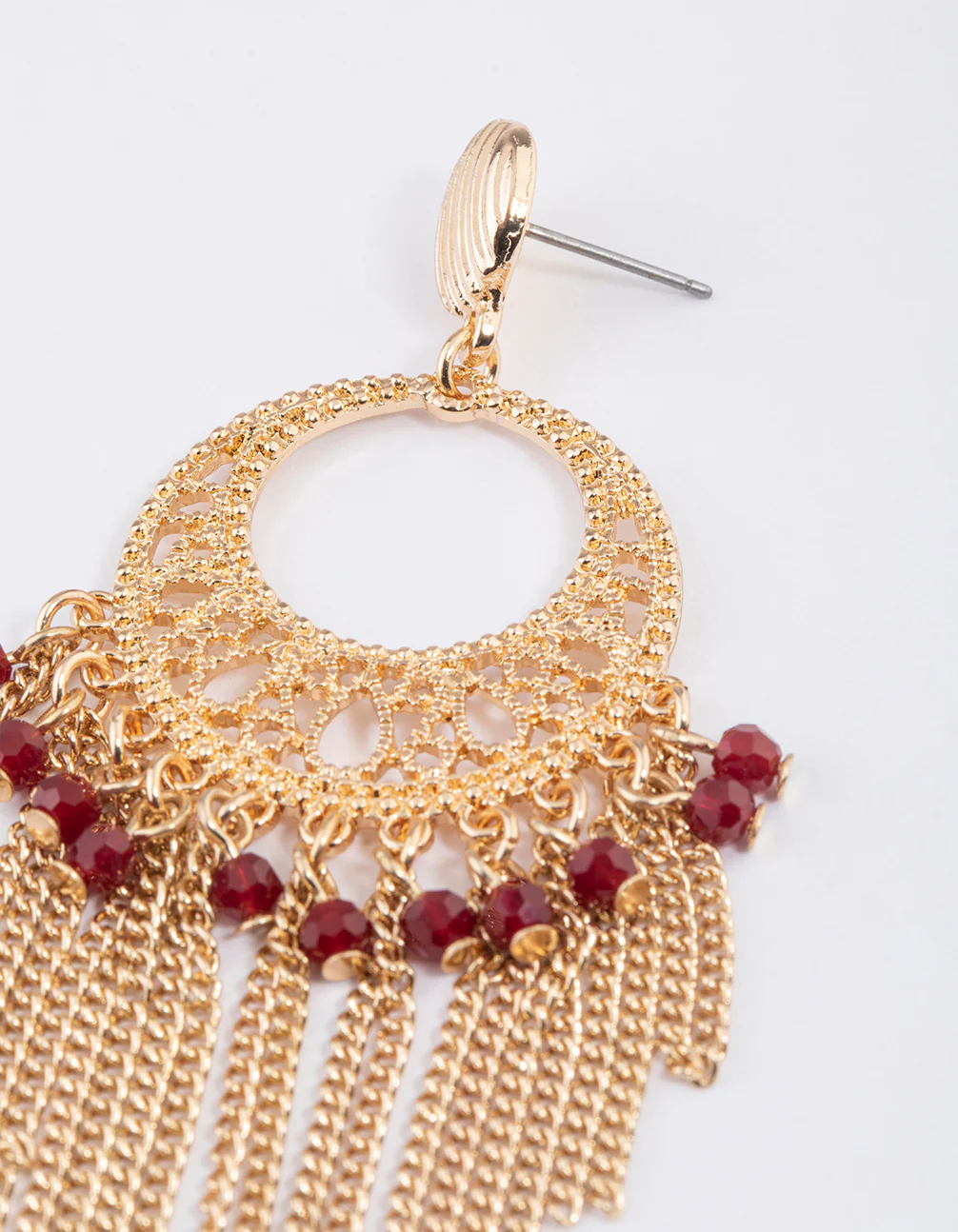 Gold Red Beaded Tassel Drop Chandbali Earrings - Image 3