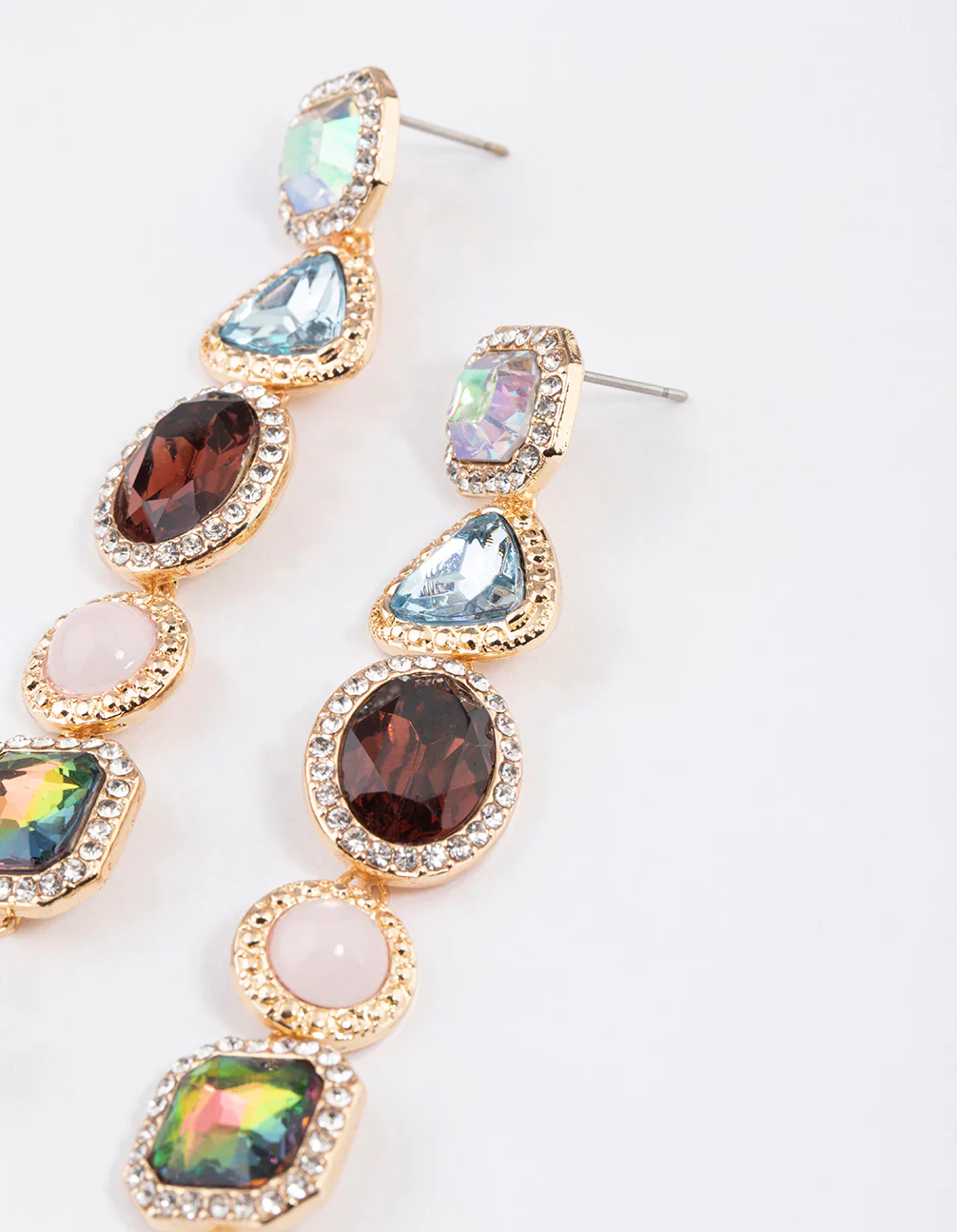Gold Diamante Mixed Jewel Stone Drop Earrings - Image 2