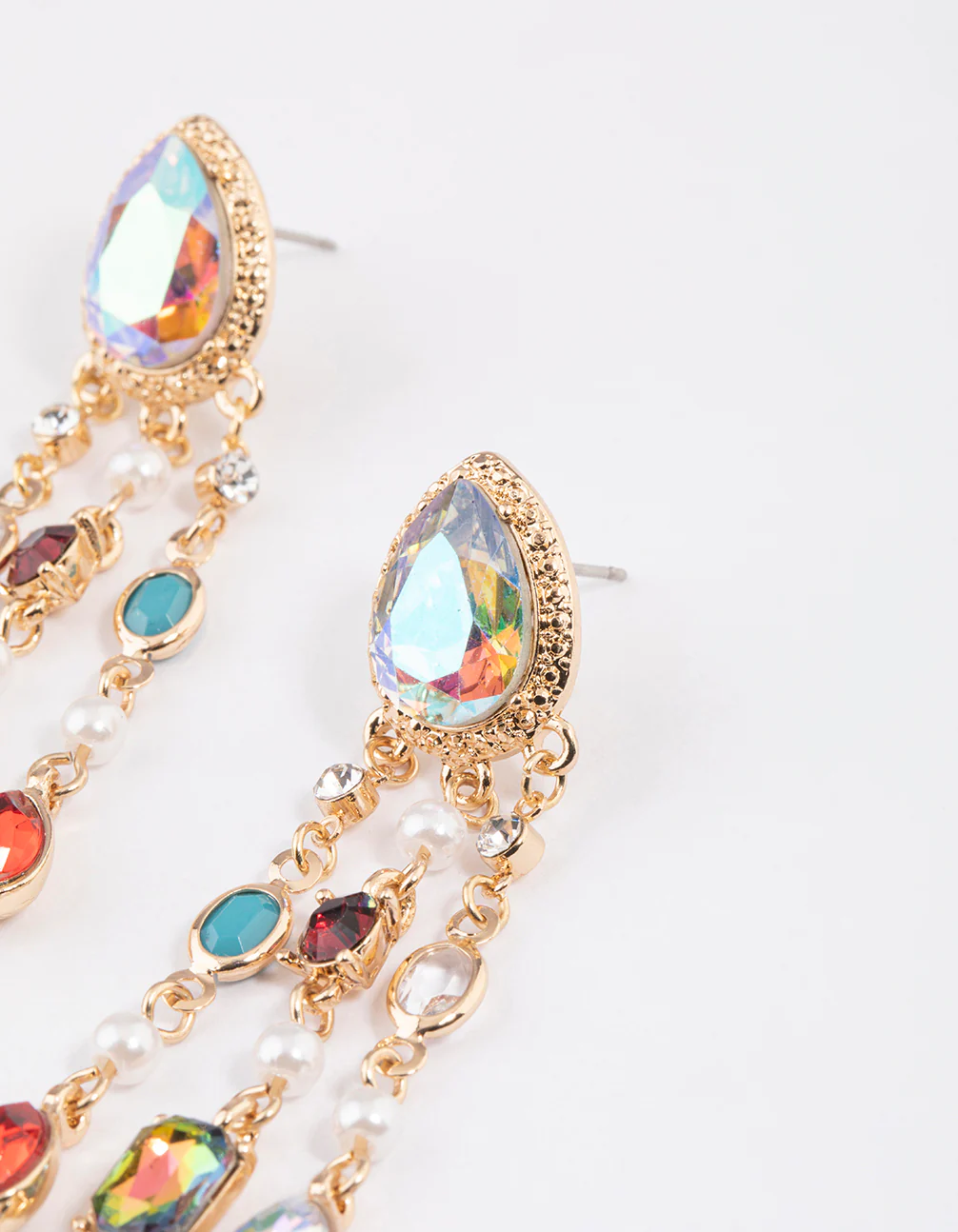 Gold Diamante Mixed Jewels Triple Drop Earrings - Image 2