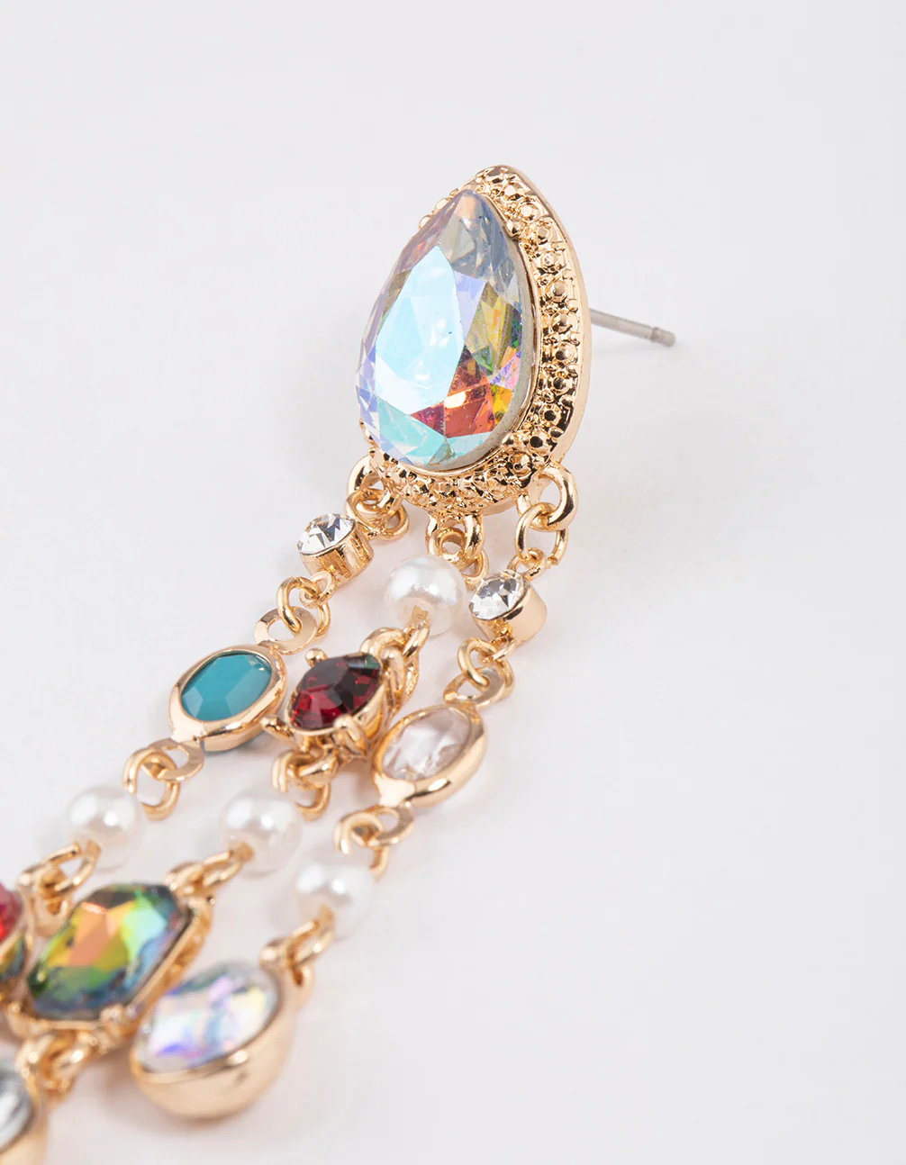 Gold Diamante Mixed Jewels Triple Drop Earrings - Image 3