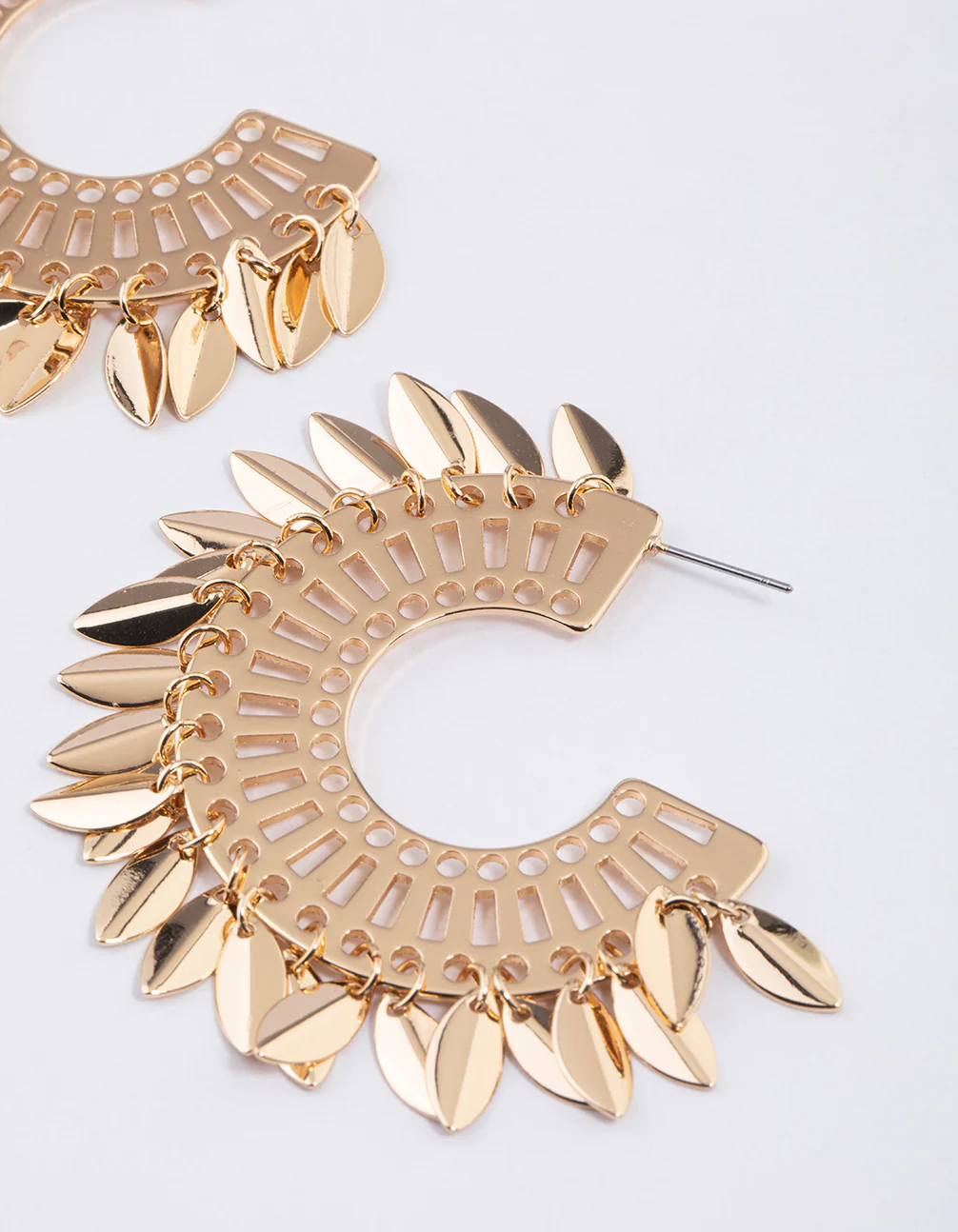 Gold Leaf Tassel Textured Hoop Earrings - Image 2