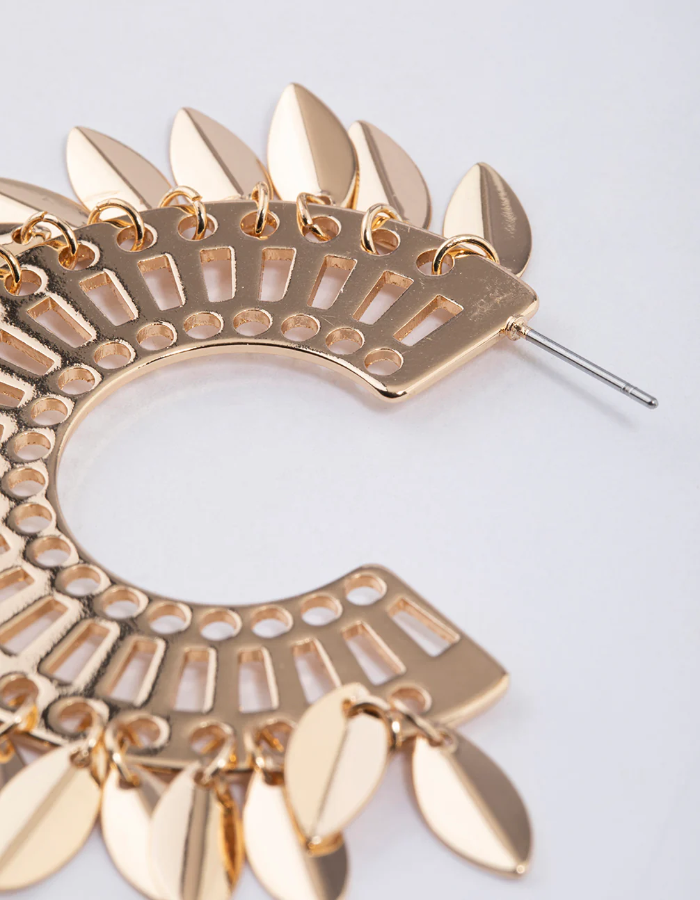 Gold Leaf Tassel Textured Hoop Earrings - Image 3