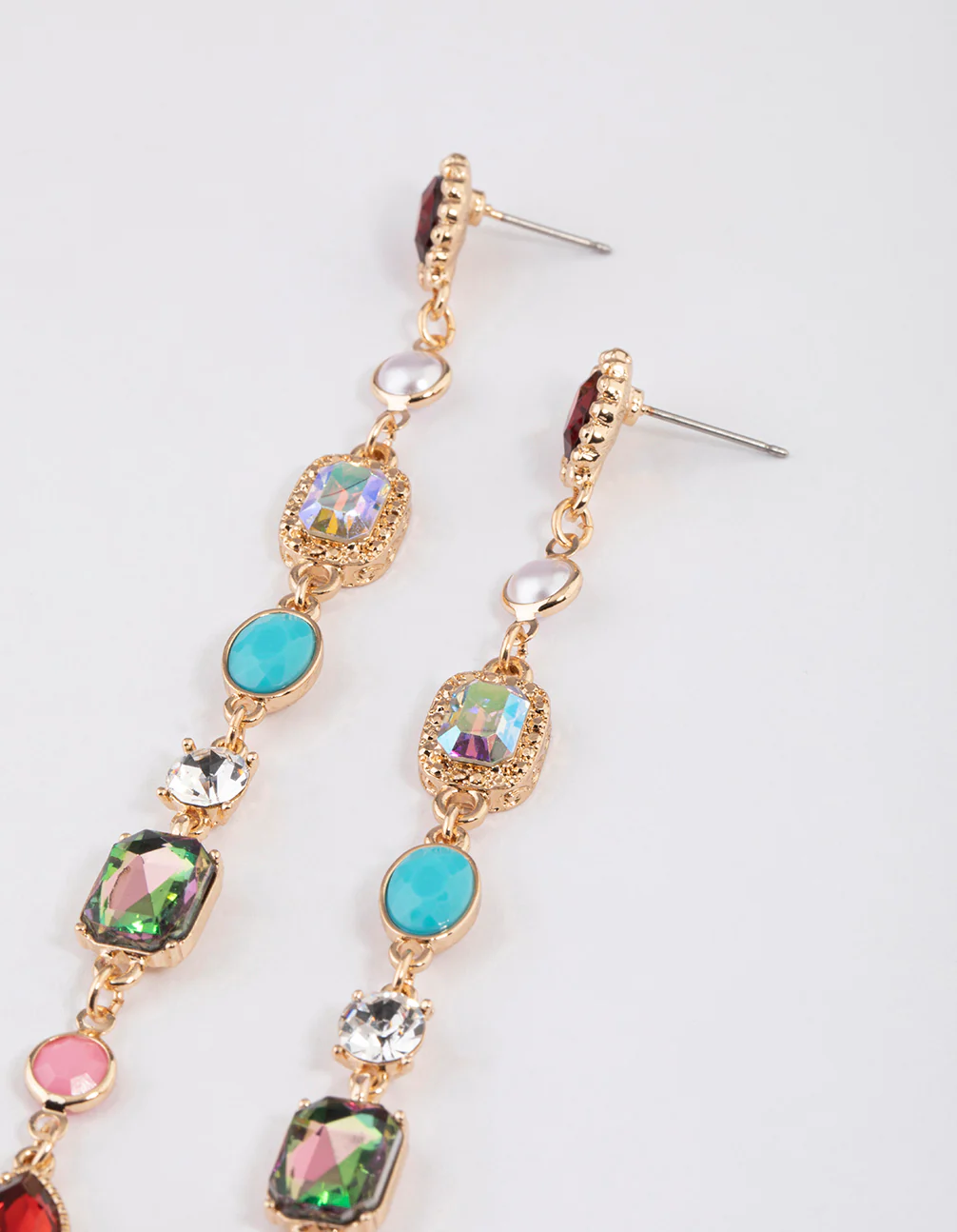 Gold Mixed Jewel Stone Link Drop Earrings - Image 2