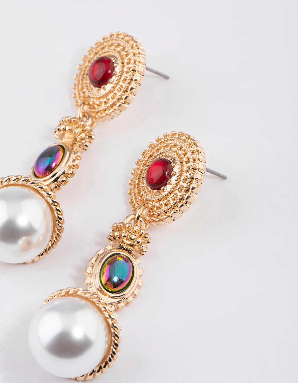 Gold Mixed Jewel Pearl Drop Earrings - Image 2