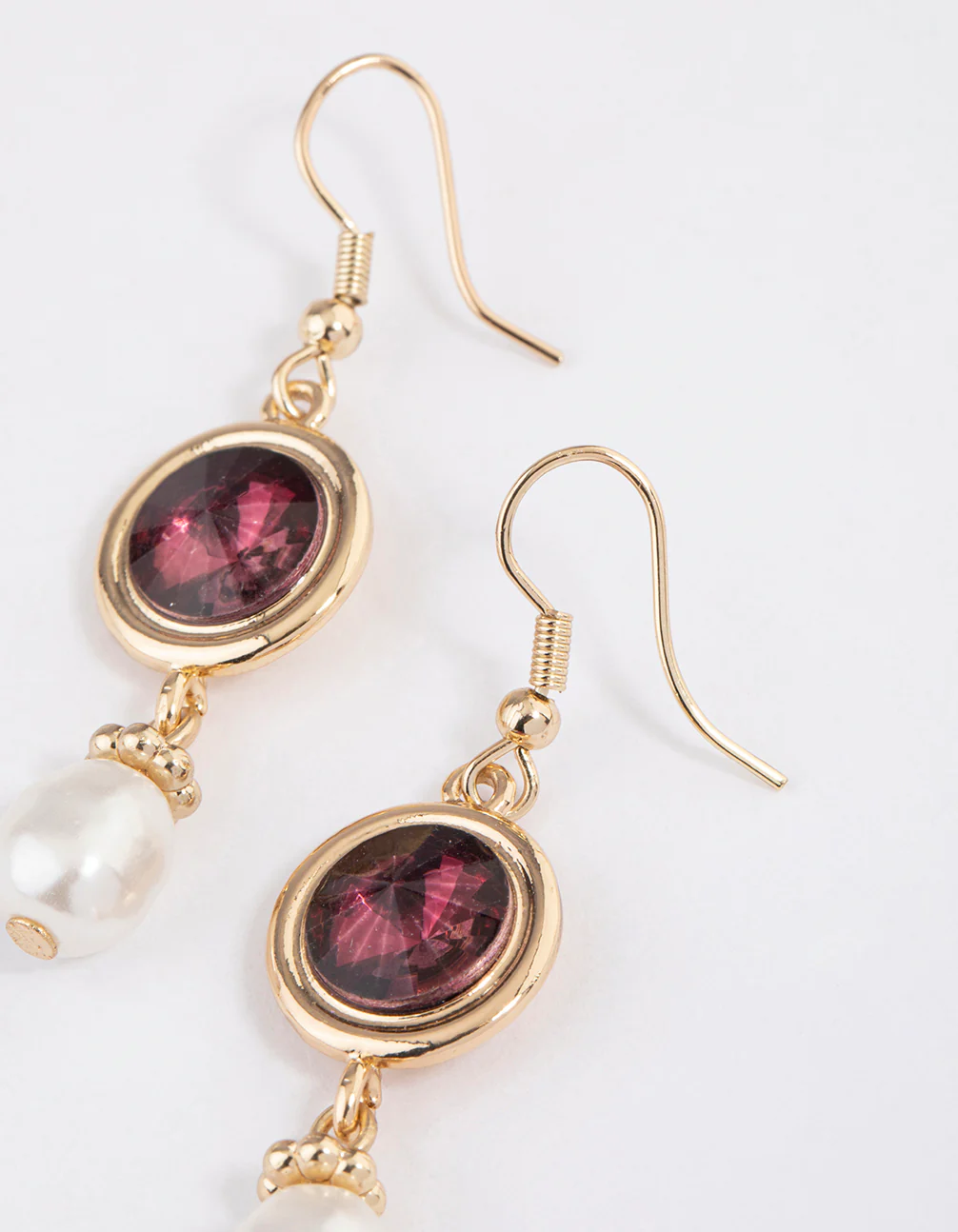 Gold Round Stone Pearly Drop Earrings - Image 2