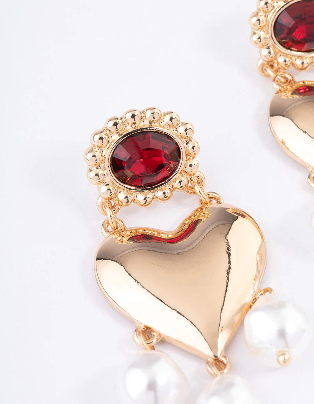 Gold Stone Heart Pearl Drop Earrings - Image 2