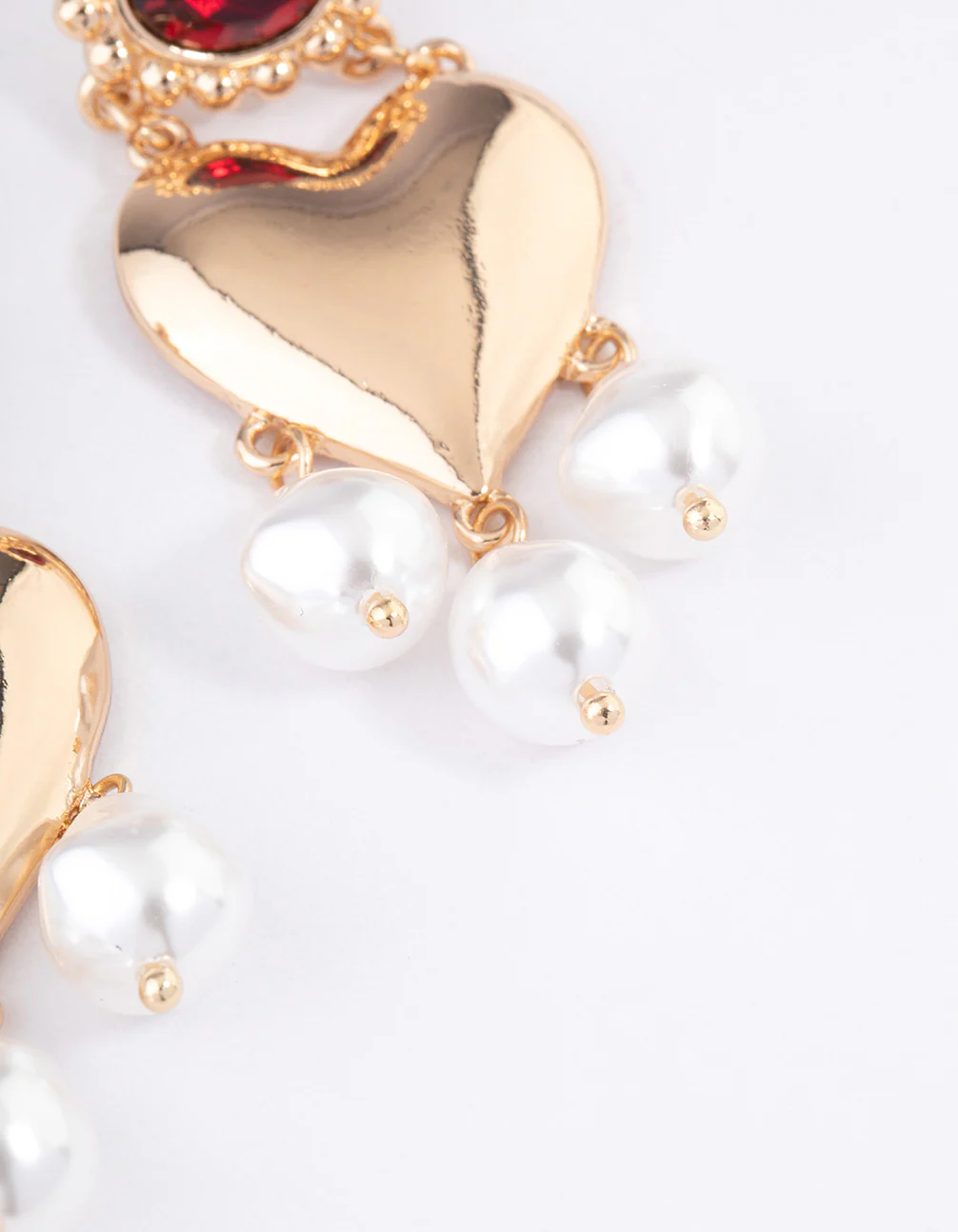 Gold Stone Heart Pearl Drop Earrings - Image 3