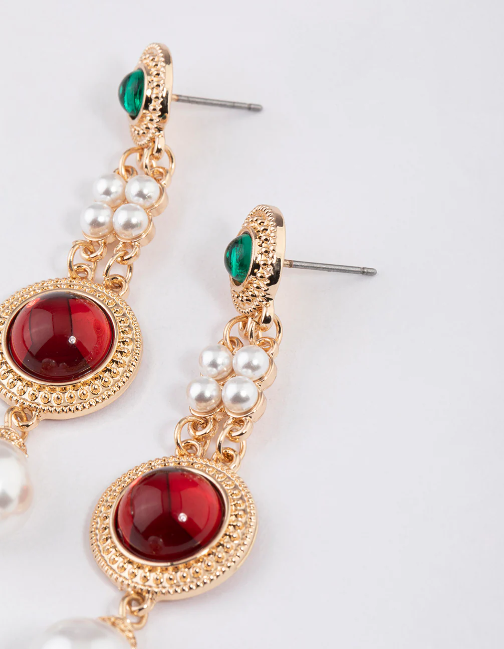 Gold Stone Pearly Drop Earrings - Image 2