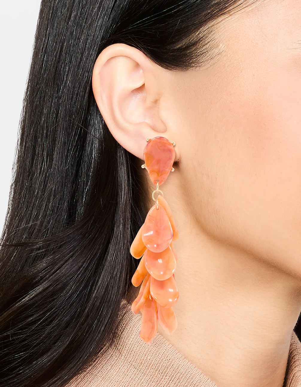 Orange Acrylic Petal Cluster Drop Earrings - Image 2