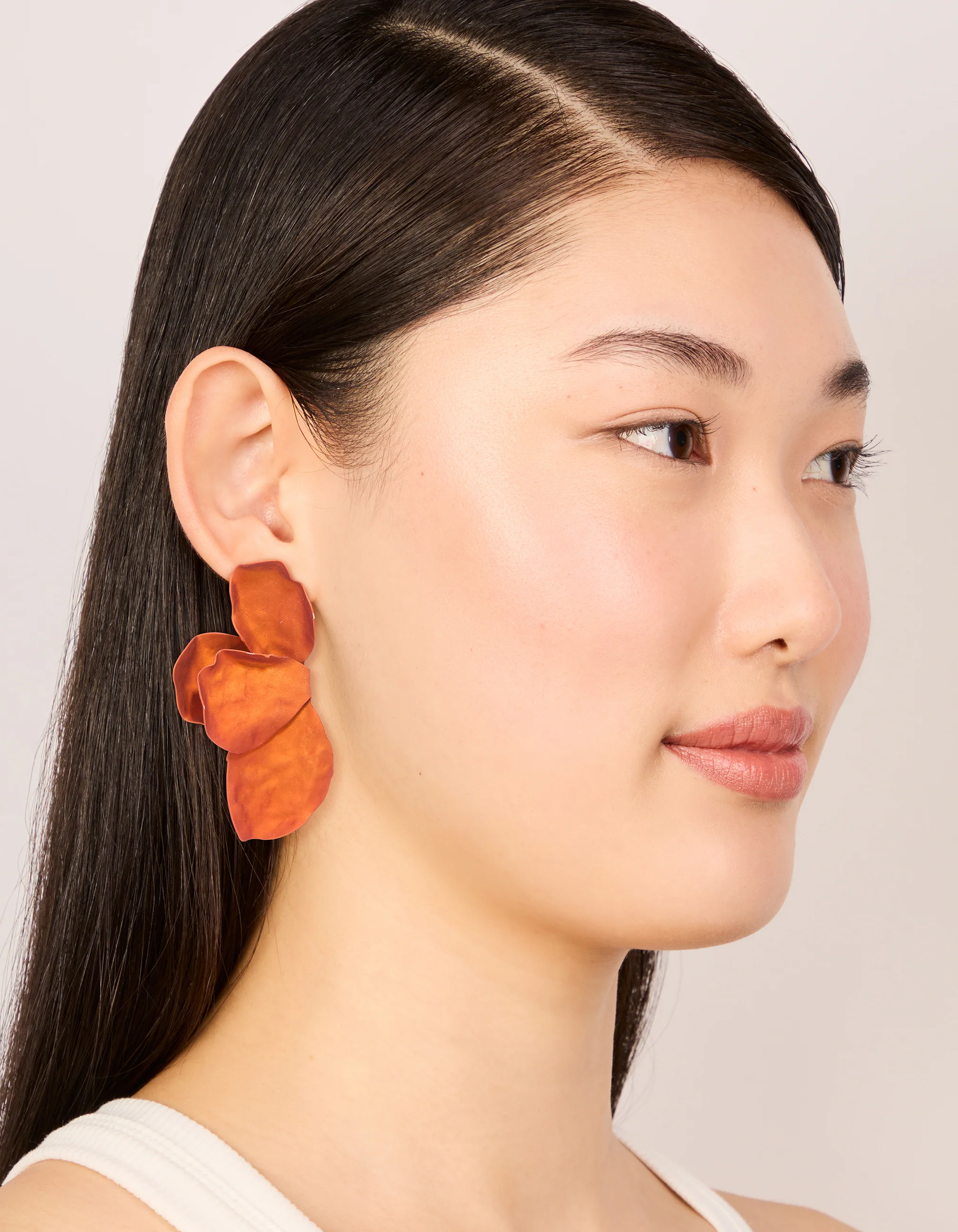 Orange Coated Metal Flower Petal Drop Earrings - Image 3