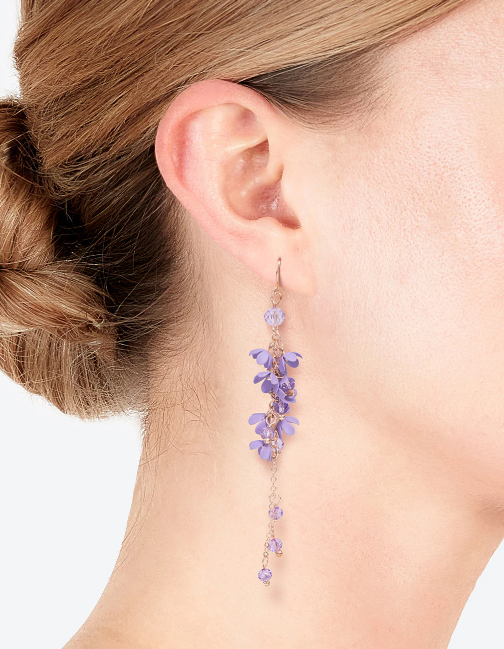 Purple Flower Cluster Drop Earrings - Image 2
