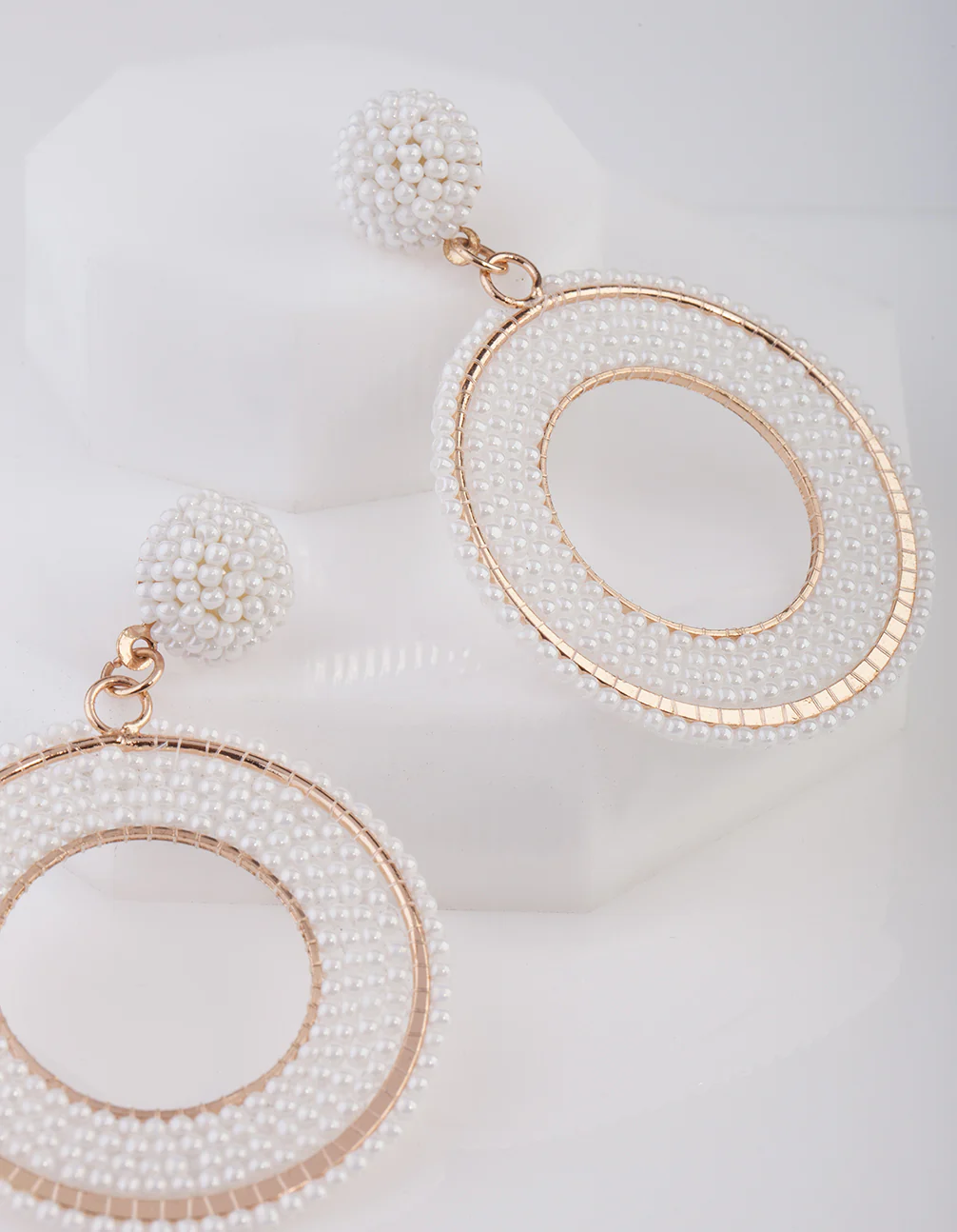 White Beaded Rose Gold Drop Earrings - Image 4