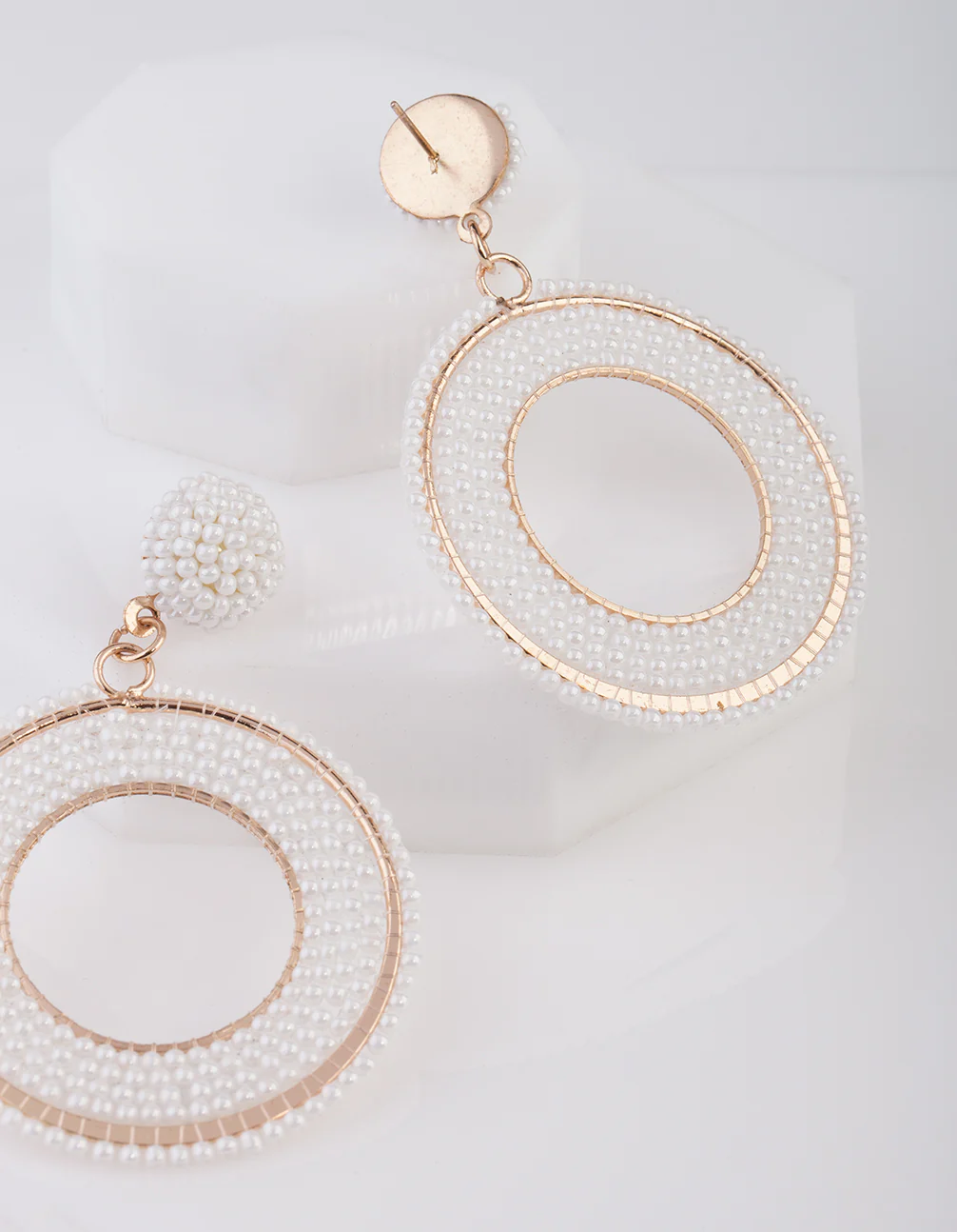 White Beaded Rose Gold Drop Earrings - Image 5