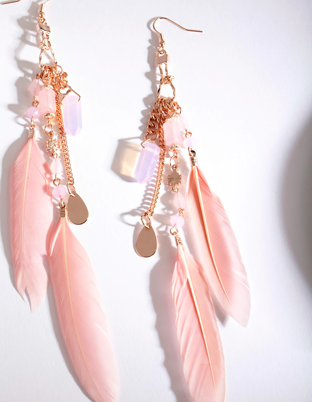 Rose Gold Pink Feather Chain Drop Earrings - Image 2