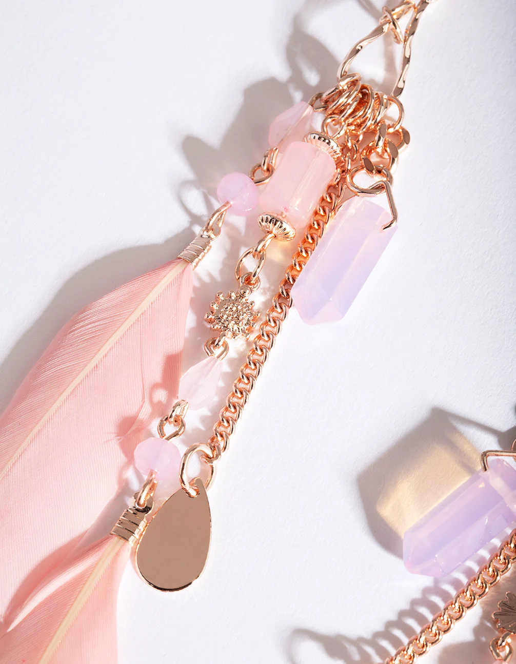 Rose Gold Pink Feather Chain Drop Earrings - Image 3