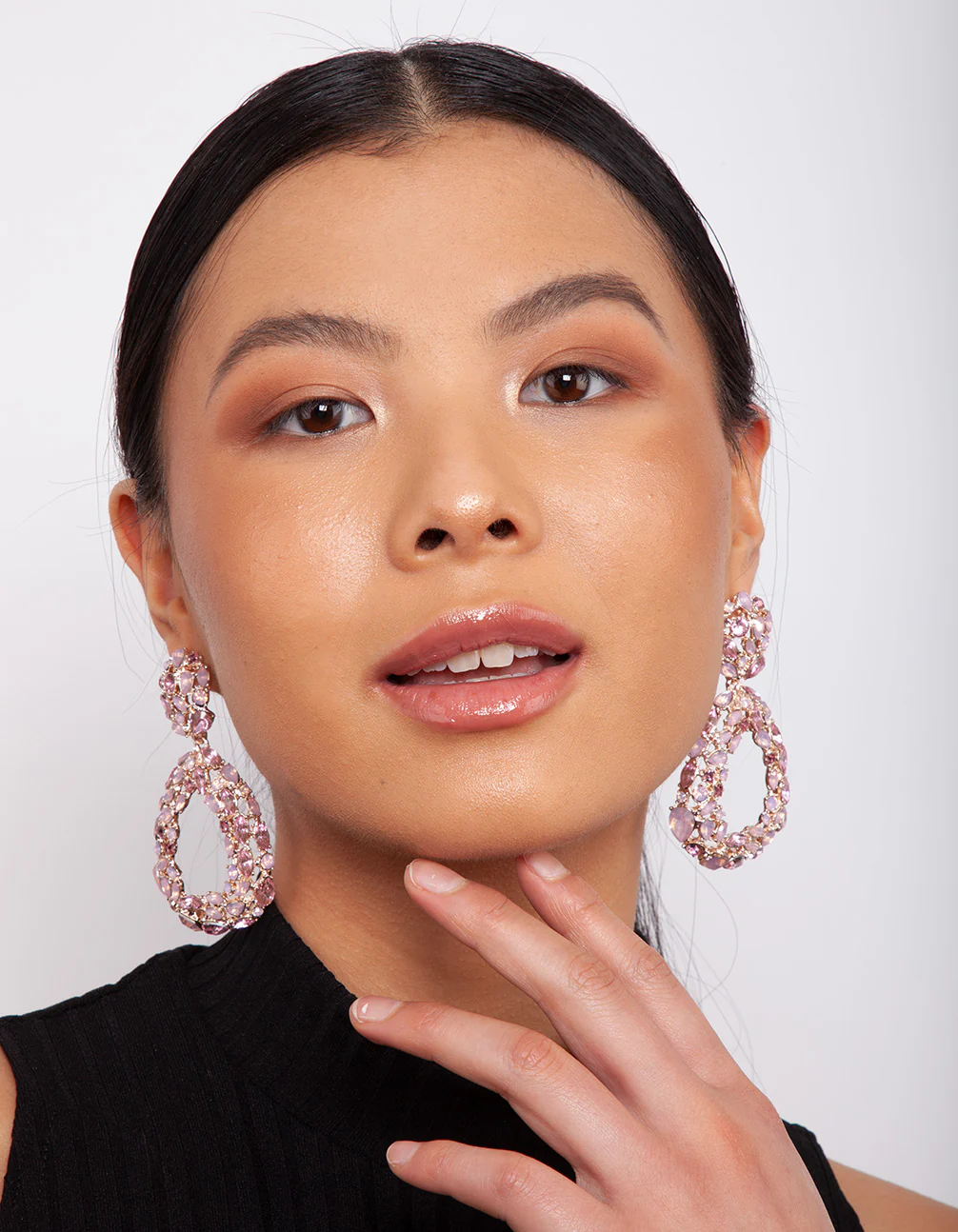 Rose Gold Pink Gem Teardrop Earrings - Image 2