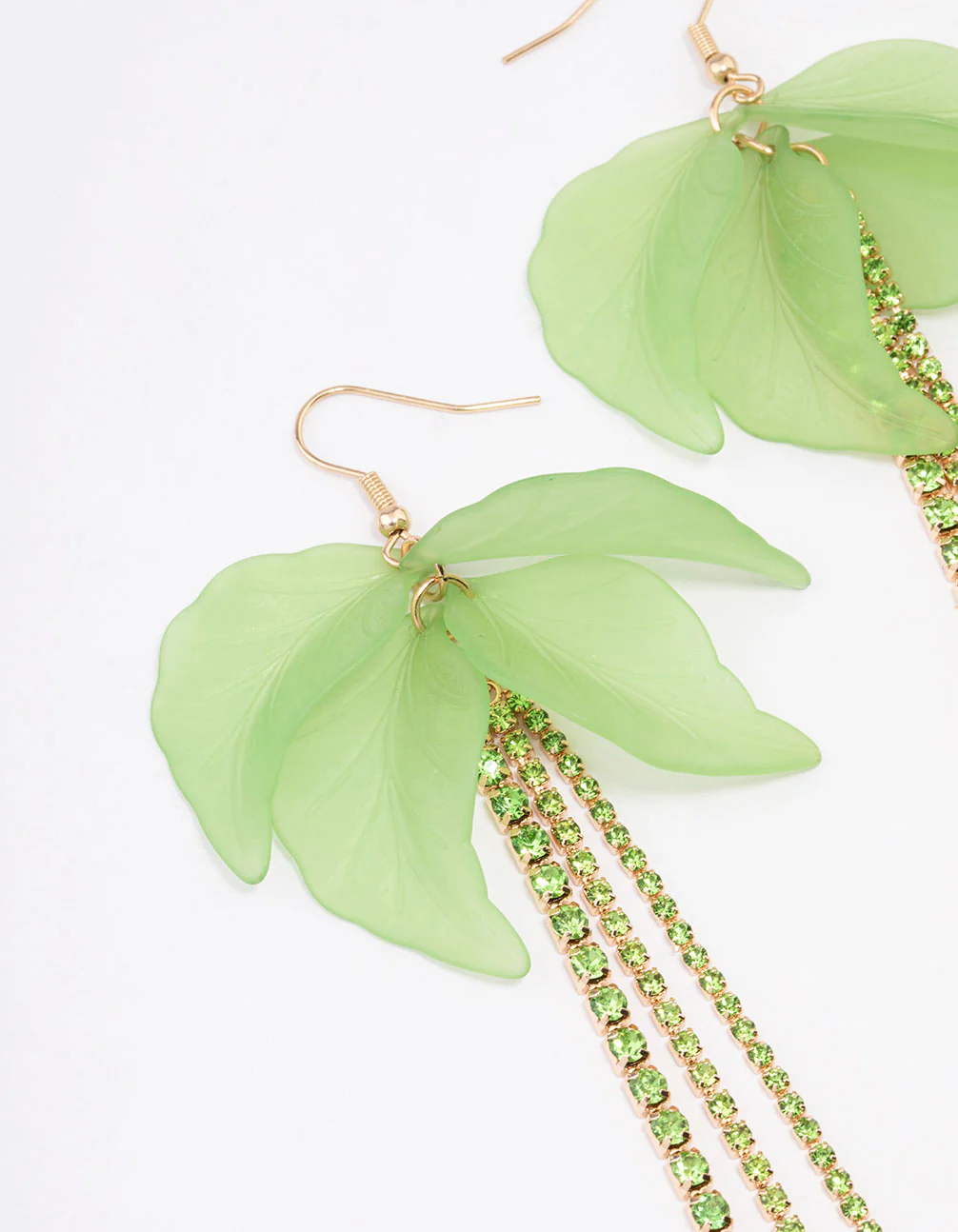 Green Leaf Petal Cup Chain Drop Earrings - Image 2